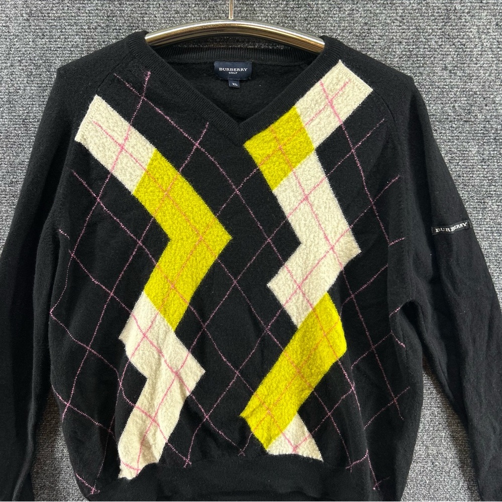 Vtg Burberry Golf Argyle Sweater Womens XL (fits Lg) Merino Wool V-neck Black